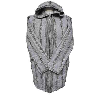 Moroccan Wool Blend Grey Black Striped Baja Jerga Jacket Hoodie Festival Hipp...