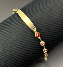 14k Solid Gold Kids Red Evil Eye Name ID Bracelet FREE Name Engraving 6 IN