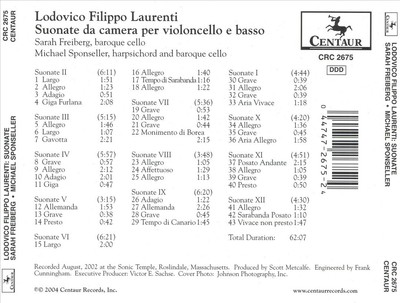 SARAH FREIBERG LODOVICO FILIPPO LAURENTI: SUONATE DA CAMERA PER VIOLONCELLO E BA