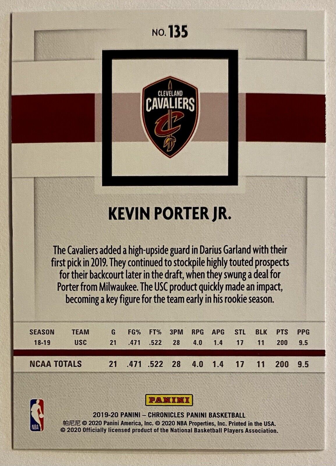 2019-20 Panini Kevin Porter Jr Rookie Base RC #135 Rockets USC KPJ  Chronicles