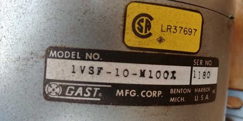GAST 1VSF-10-M100X Oil-less VACUUM Pump 1/6 HP Lesson Max 3 CFM (1 CFM @ 15" Hg) - Picture 4 of 12