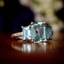 3Ct Emerald Cut Aquamarine Three-Stone Women Engagement Ring 14K White Gold Over