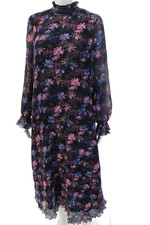 Ganni Womens Maxi Dress Black Floral Long Sleeve Mock Neck Button Size 32