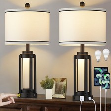 25" Modern Table Lamps Set of 2, Industrial Beside Lamps with USB A C Charging P