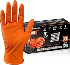 Heavy Duty Nitrile Disposable Gloves,8-Mil Orange,Raised Diamond Texture Work Gl