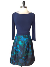 JESSICA HOWARD Size 12 A-Line Dress Blue Green Floral 3/4 Sleeve Pockets