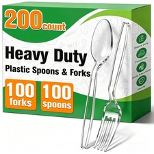 200 Count Plastic Silverware Heavy Duty,Clear Plastic Forks and Spoons, 100 S...
