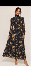 Reformation Women’s Floral Maxi Dress SZ 6 Navy Yellow High Neck Long Slvs $278