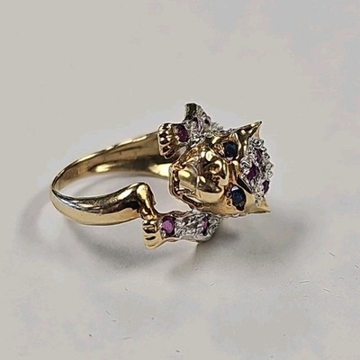   Vintage 14k Gold Diamant & Rubin Leopard Ring 4,2gr Gr. 3 Saphir Augen!  