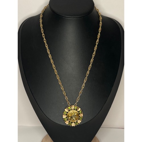 Vintage Avon 1970s Sun Brilliance Pendant Necklace Green Crystal Gold Tone