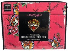 Ed Hardy King Size 6-Piece Sheet Set Pink Skull Rose Tattoo Print 4 Pillowcases