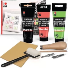 Marabu Block Printing Kit - Linocut with 3 x 100ml Ink, Cutter, Rubber... 