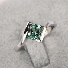 Green sapphire ring sterling silver princess cut anniversary ring for women