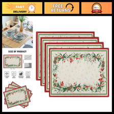 Winter Holly Branches Placemats Set of 4 - Xmas Red Birds Pine Cone Linen 12x18"