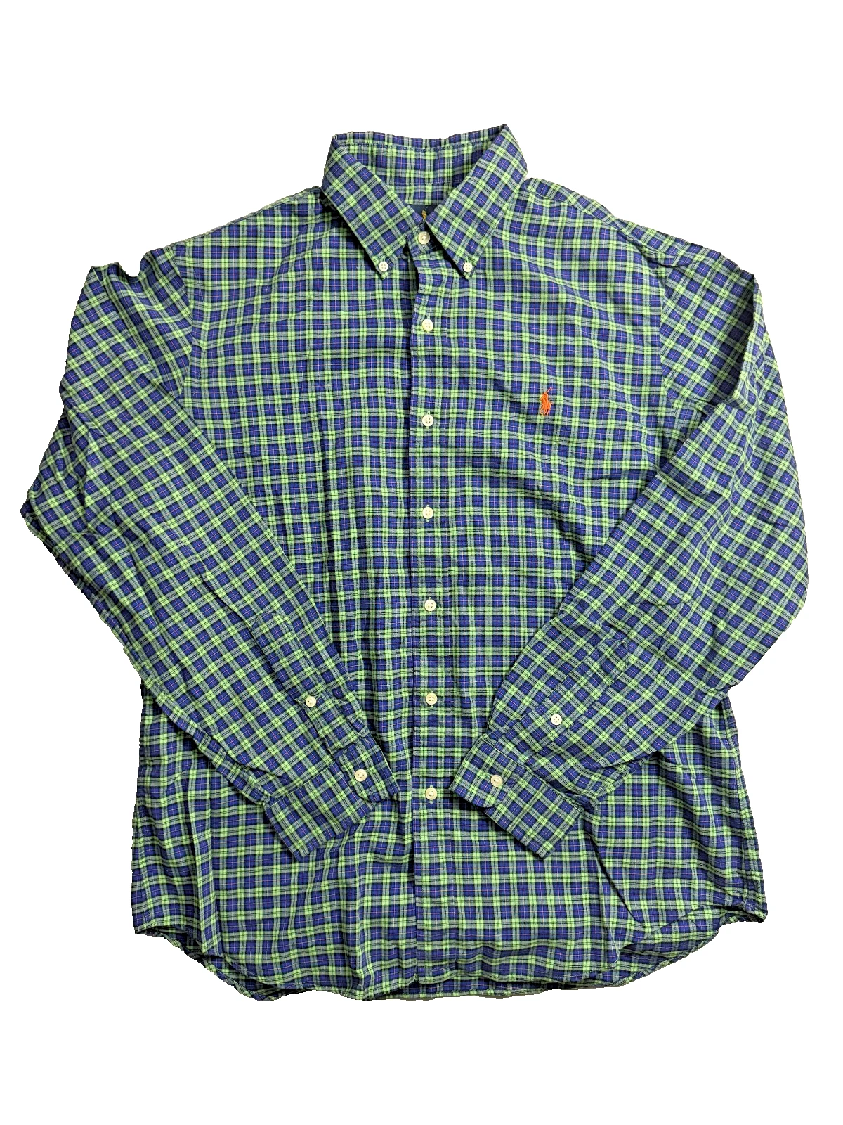 Ralph Lauren Shirt Men L Green Orange Blue Plaid Cotton Stretch Preppy Pony