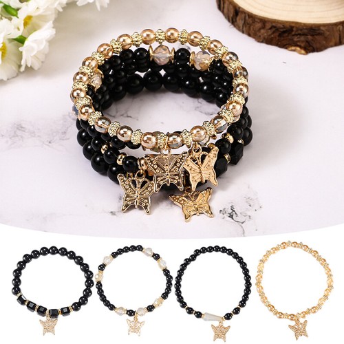 Bracciale 4pz Boho Estate Spiaggia Donna Ragazza Gioielli Farfalla Vetro Perline Regalo - Foto 3 di 15