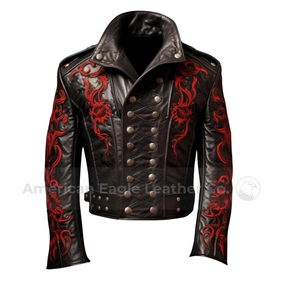 Chaqueta de Cuero Steampunk Gótica Negra Militar Dragón Rojo Bordado Punk Rock Foto 3 de 4