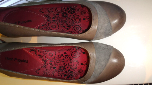 Hush Puppies Curved Heel Grey & Taupe Shoes Size UK 7 High Suede &Leather Court - Picture 9 of 15