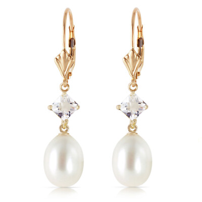 14K. GOLD LEVER BACK EARRING WITH WHITE TOPAZ & PEARLS (Rose Gold)