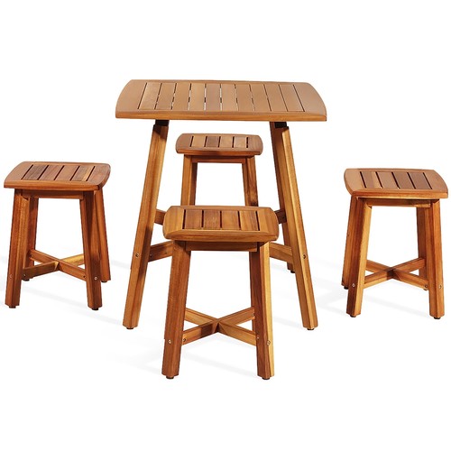 5PCS Acacia Patio Dining Set W/Square Table & 4 Stools Reddish Brown - Picture 10 of 11