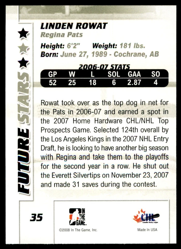 2007-08 In The Game Between the Pipes Linden Rowat #35 - Image 2 of 2