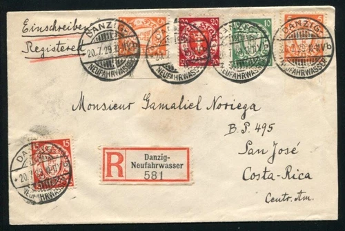 DANZIG AMAZING REGISTERED COVER TO COSTA RICA 1929!