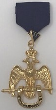 Scottish Rite 33rd Degree Jewel in Gold Tone with Purple Ribbon Made in the USA