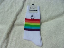NWT Penguin Munsingwear socks, crew length, white, colored stripes, cotton