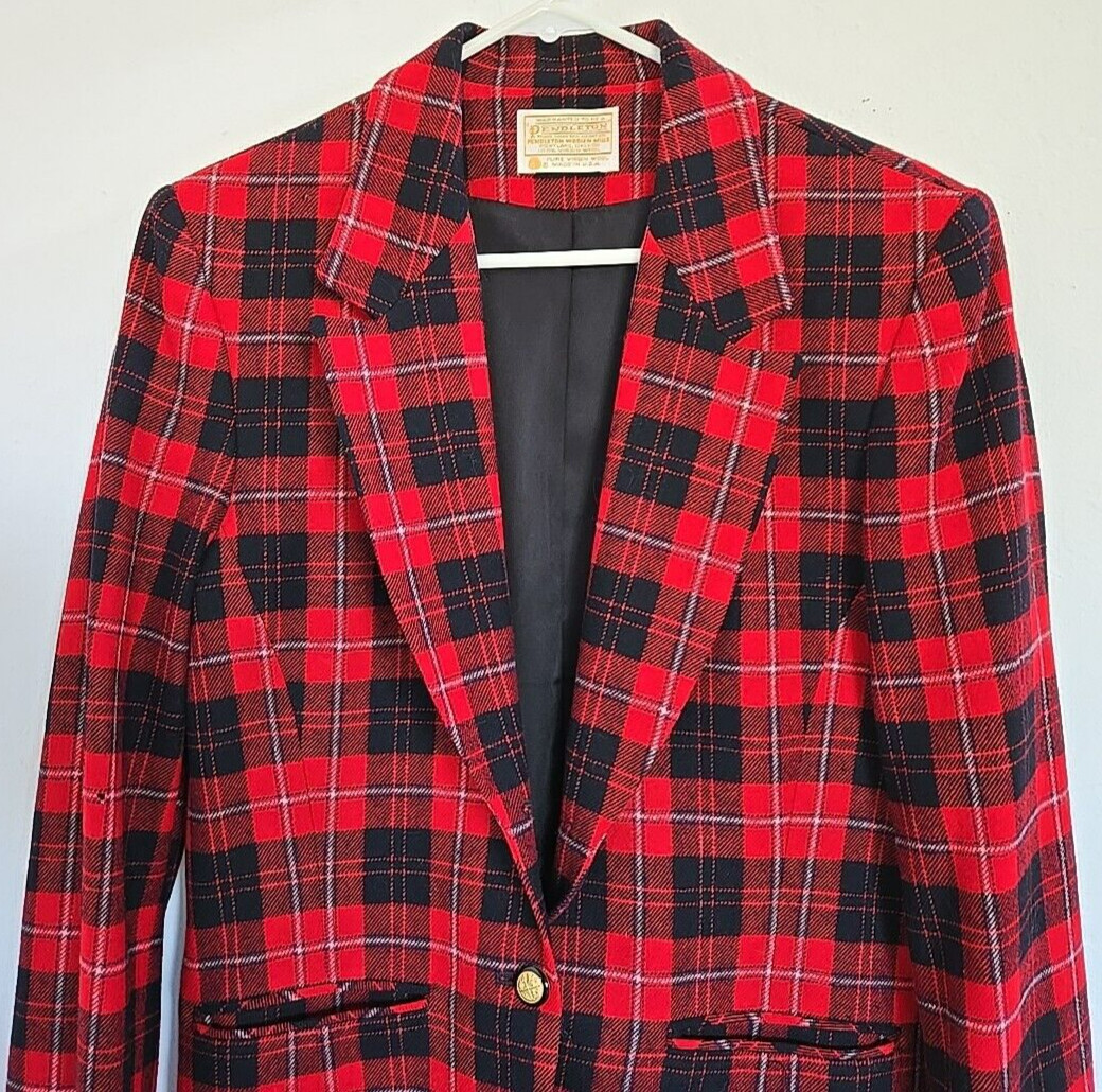 Pendleton Red Plaid Blazer Jacket 2 Button gold W… - image 5