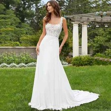 Elegant Chiffon Wedding Dresses Lace Appliques Bridal Gowns Backless Buttons New