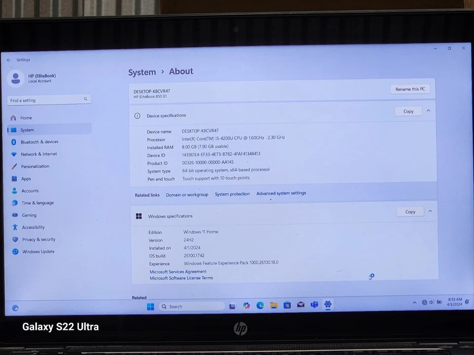 HP EliteBOOK 850 G1 RAM 8GB STORAGE 1 TB 15.6'' TOUCH SCREEN CORE i5 4th GEN - Image 2 of 4