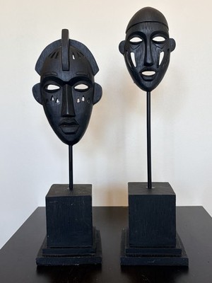 Set 2 Tribal African Style Wood Mask Candle Holders Black Boho Decor 15in