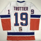 Autographed/Signed BRYAN TROTTIER HOF 97 New York White Hockey Jersey JSA COA