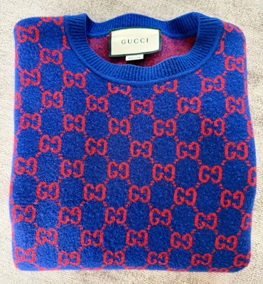 Gucci Herren Strickpullover Rundhals Langarm Allover GG Logo blau/rot Gr. S - Bild 1 von 4