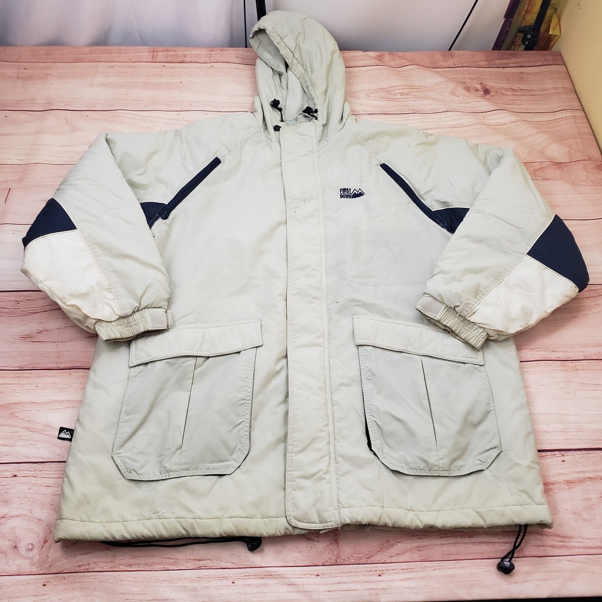 VINTAGE First Down Sixty-Four Jacket Mens XL Off White Hooded