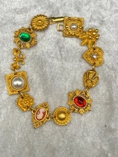 Vintage Victorian Revival Bracelet Gold Tone Red Green Cameo 7"