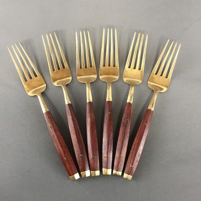 Vintage Set of 6 Thailand Siam Rosewood Riveted Handled Bronze Salad Forks