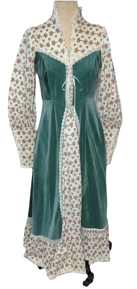 Vestido Corsé Vintage Años 70 Gunne Sax por Jessica Talla 11 Terciopelo Verde Floral Calicó Foto 2 de 4