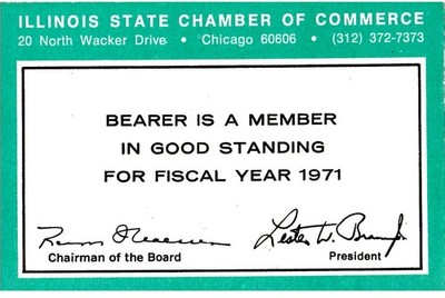 Illinois State Chamber of Commerce Member Card Lester Brann President 12/31/1971