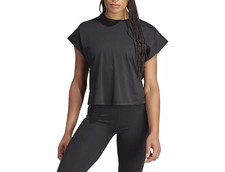 Adidas Womens Black Cropped Studio Crew Neck T Shirt Stretch Size L NWT