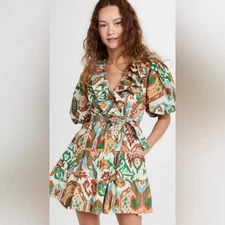 Love the Label Remy Puff Sleeve Tiered Tie Waist Mini Dress Marrakech Ivory SZ M