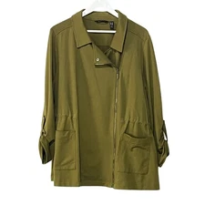 H by Halston Womens Plus Size 1X Knit Cinch Waist Roll Tab Knit Jacket Green