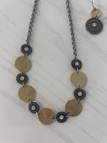 Necklace and Earring Set Round Pendant Mixed Metal Rhinestone Hook Earring Adjus - Picture 2 of 6