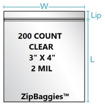 200 count CLEAR Zip Lock Reclosable Bags 3" x 4" (2 mil Thick) FDA/USDA approved