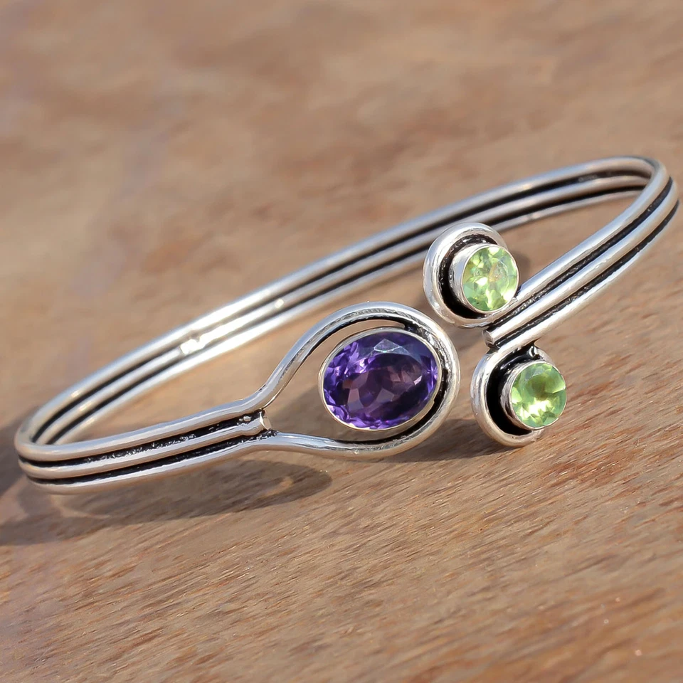 Faceted Amethyst & Peridot Cut Gemstone 925 Sterling Silver Bangle Cuff For Mom - Image 2 of 4