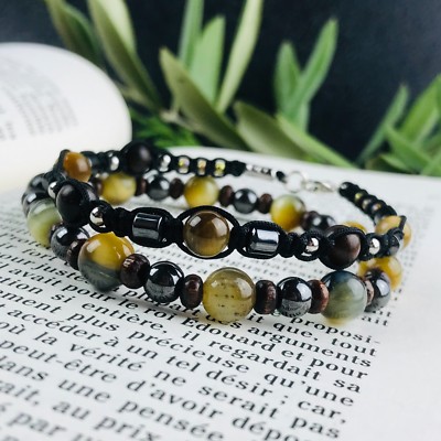 Doppel Armband Herren/Damen Hämatit Tigerauge Natur Geschenktüte