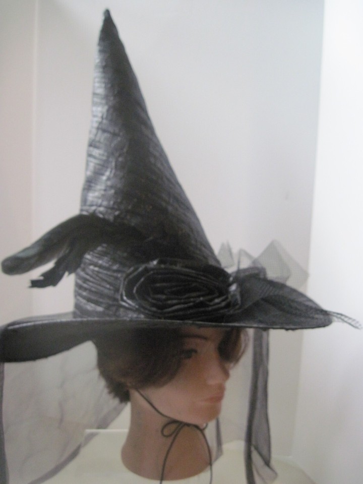 Halloween Witch Hat for Women Black Witch Hat with Feather & Netted