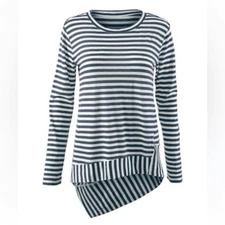 CAbi Women's M Blue Striped Asymmetrical Hem Long Sleeve Top