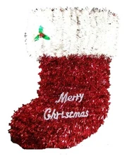MERRY CHRISTMAS SANTA STOCKING BOOT Tinsel 14" X 8.5" Door Wall Wreath Hanging 