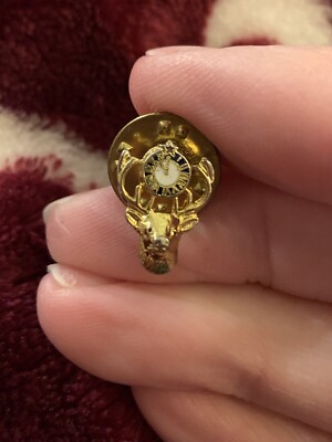 Vintage Mini Clock With Deer Head Gold Tone Enamel Lapel Pin (GW12)